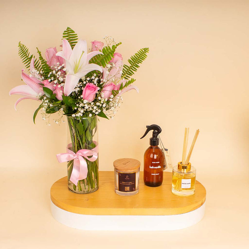 Zaha Home Cozy Glow Bundle - Lush Vanilla Spray & Into the Woods Diffuser & Breathe In Bliss Candle & Lily Roses Vase