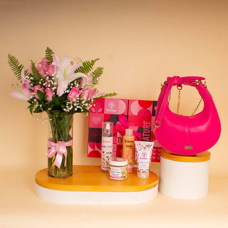 Fuchsia & Vanilla Bundle - Almaki Bag With Bubble Set and Lily Vase