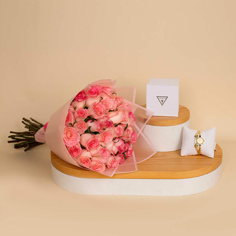 Guess Ladies Gold Tone Analog Watch And 20 Pink Roses Hand Bouquet