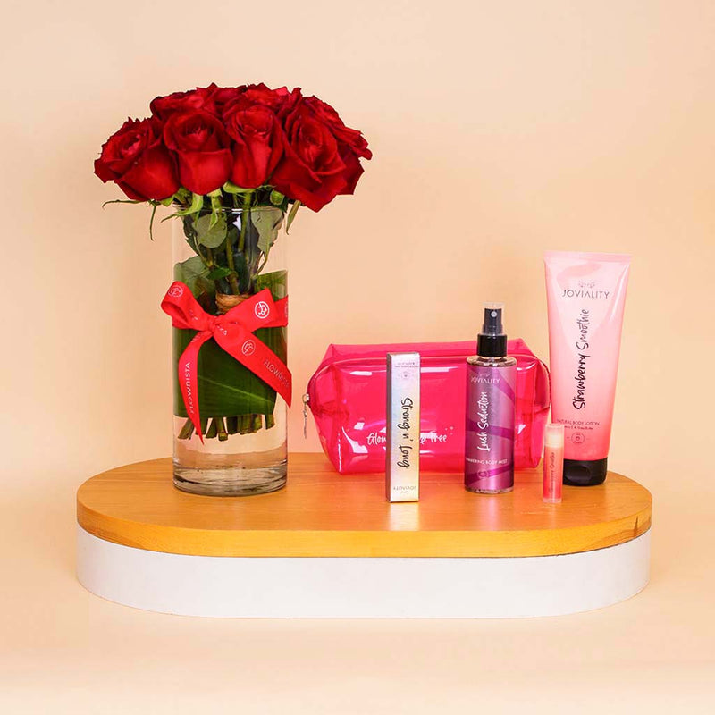 Joviality Strawberry Seduction Kit & Red Roses Vase