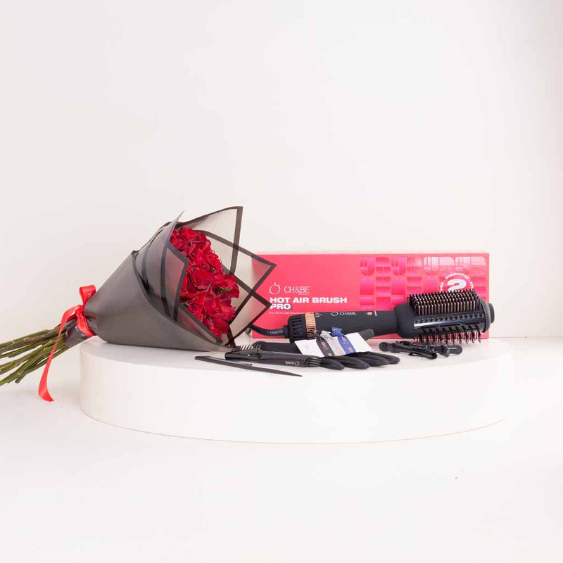 CH&BE Hot Air Brush Pro 2in1 & 15 Red Roses Bouquet