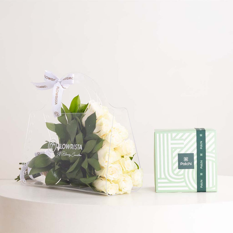 12 White Roses Bag with Patchi 1kg