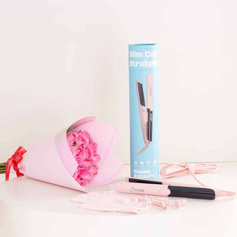 CH&BE Slim Ceramic Straightener & Pink Roses Bouquet