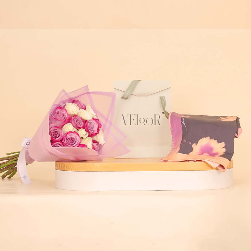 Veloor Layal Scarf | White and Purple Mixed Bouquet