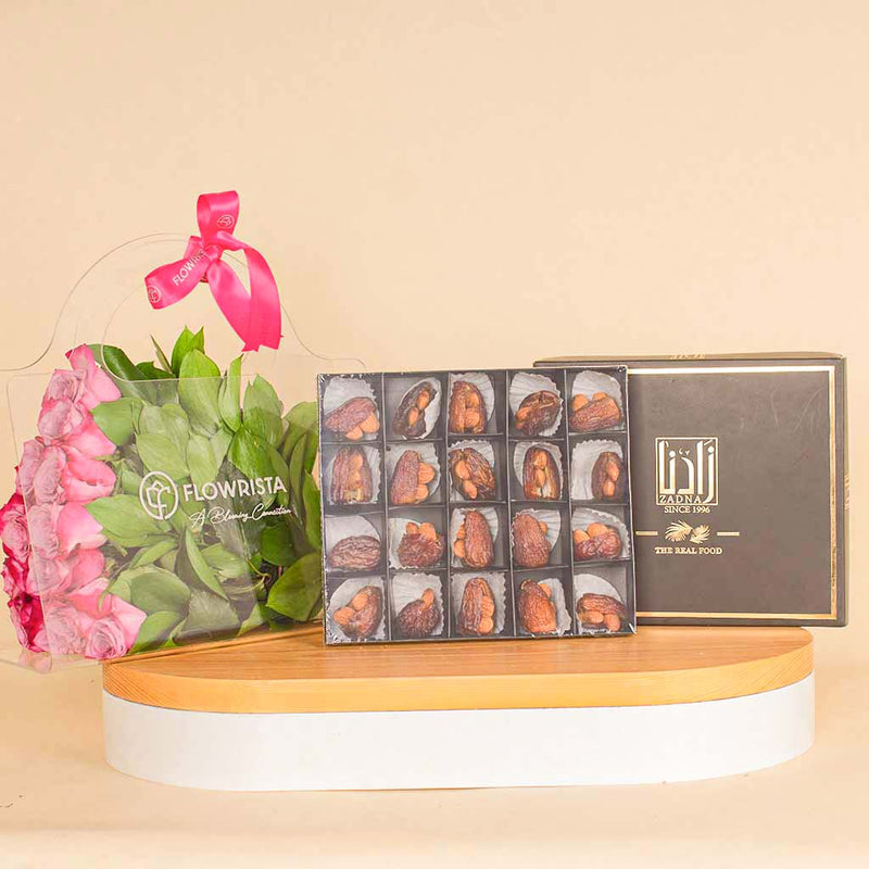 Zadna Special almond dates 20 pieces And Deep Purble Bag