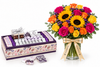Purple Belgian Chocolate Gift Tray with Colorful Bouquet