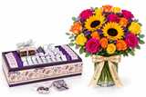Purple Belgian Chocolate Gift Tray with Colorful Bouquet