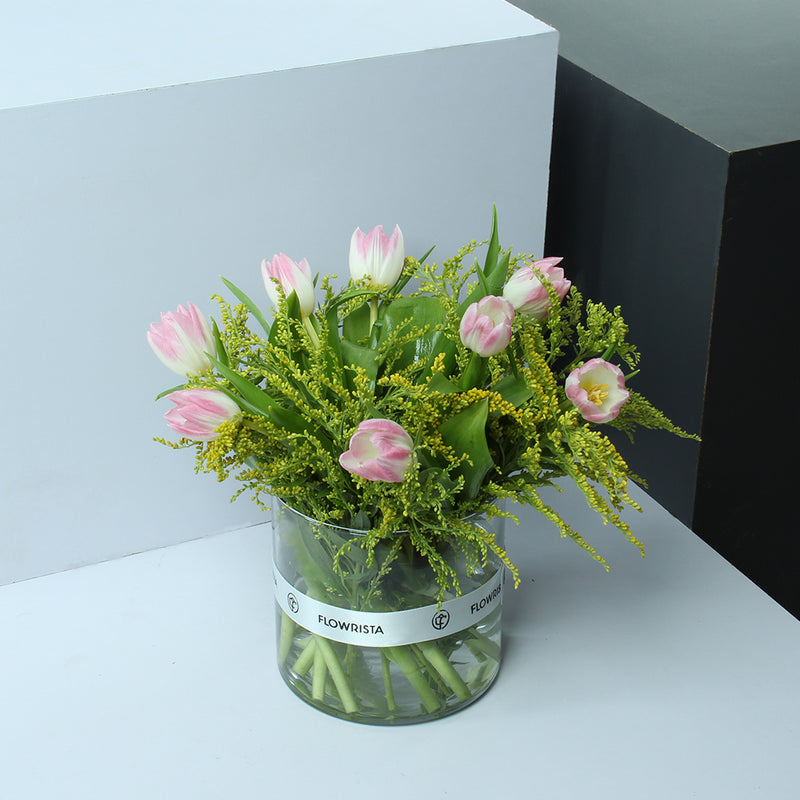 Elegant Glass Vase with Pink & White Tulips
