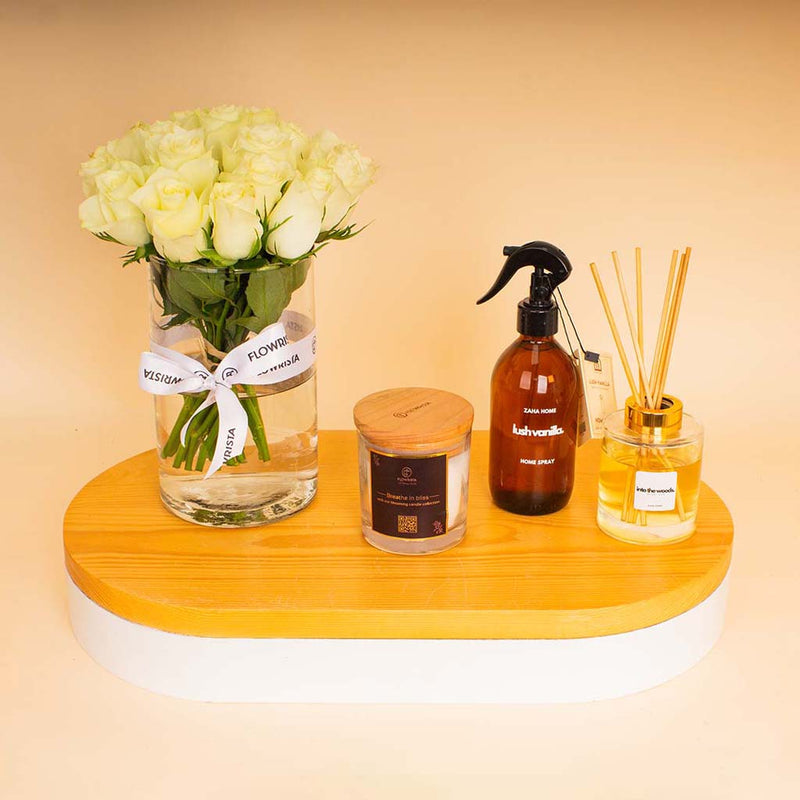 Zaha Home Serenity & Roses Bundle - Vanilla Spray & Oud Diffuser & Bliss Candle & White Roses
