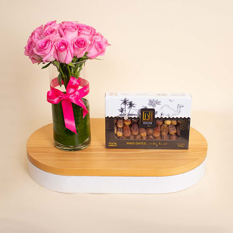 Zadna Dates & 15 Pink Roses Vase
