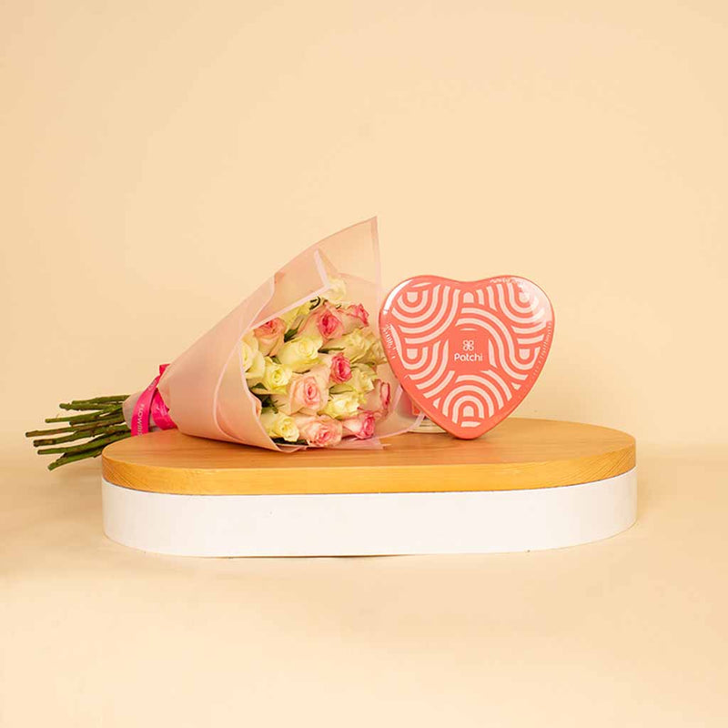 Luxury Flowers & Chocolate Gift – Patchi (22 pcs) & 20 Roses