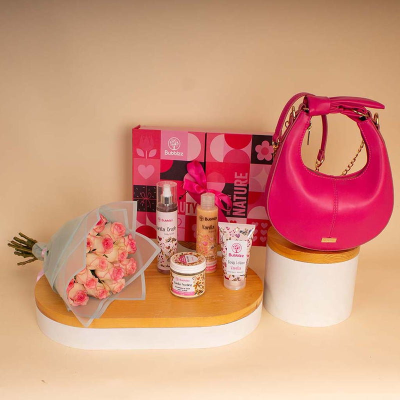 Fuchsia & Vanilla Bundle - Almaki Bag With Bubble Set & Pink Roses Hand Bouquet