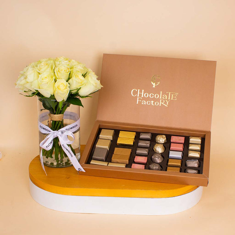 Chocolate Factory Luxe Box – 28 Pieces & White Roses Vase