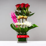 Flowrista | Red & White Roses Vase with Ferrero Rocher