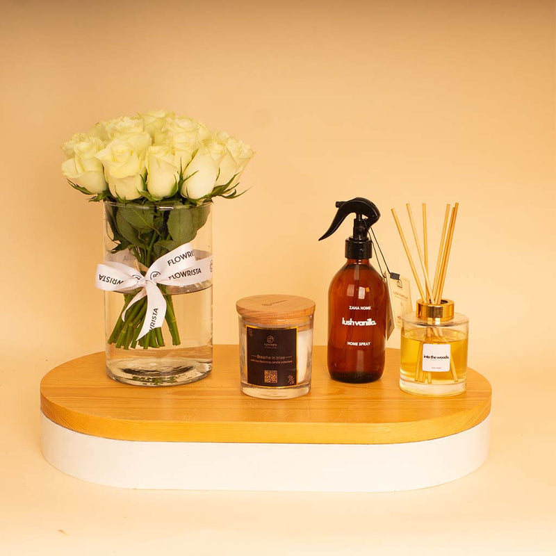 Zaha Home Serenity & Roses Bundle - Vanilla Spray & Oud Diffuser & Bliss Candle & White Roses