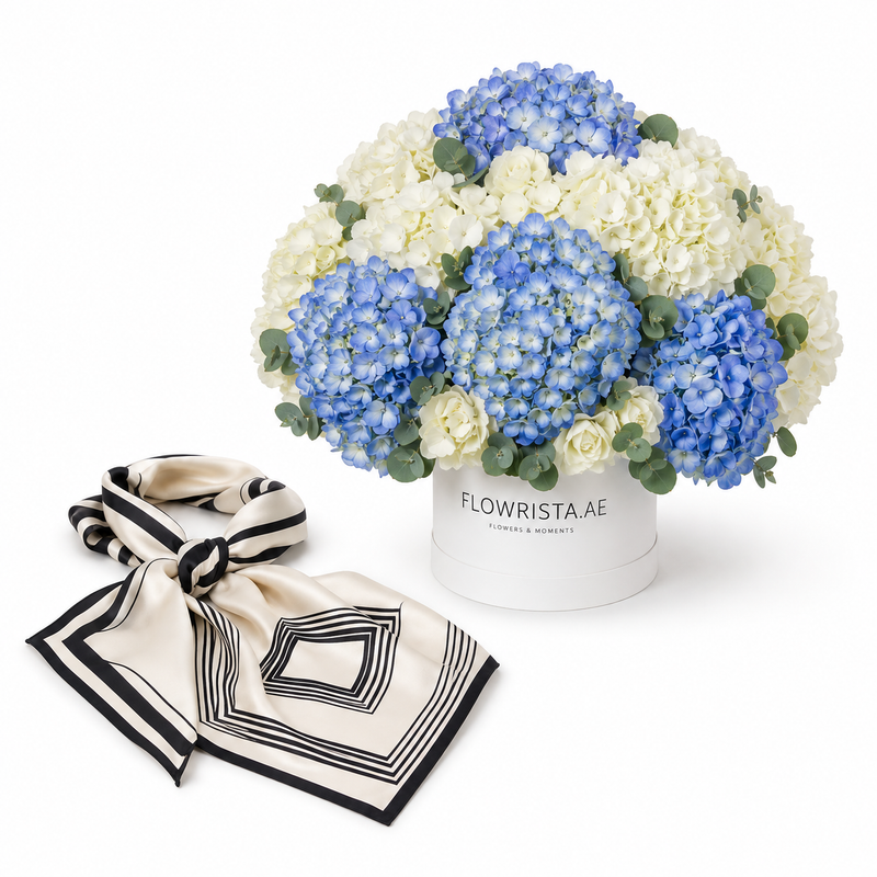 Mango Geometric Printed Foulard with Flowrista Heavenly Blue Hydrangea Hat Box