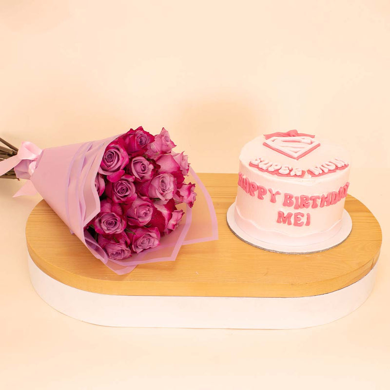 Ninos “Super Mom” Celebration Cake & 15 Pink Roses