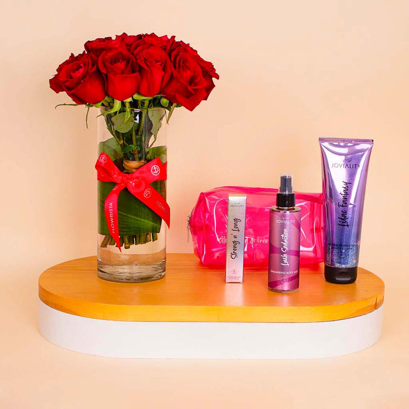 Joviality Pink Glow Set & Red Roses Vase