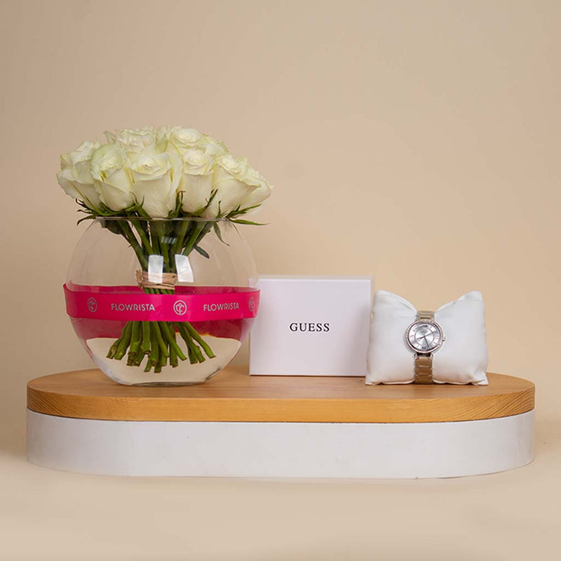 Guess Montage Watch GW0588L2 & 20 White Roses