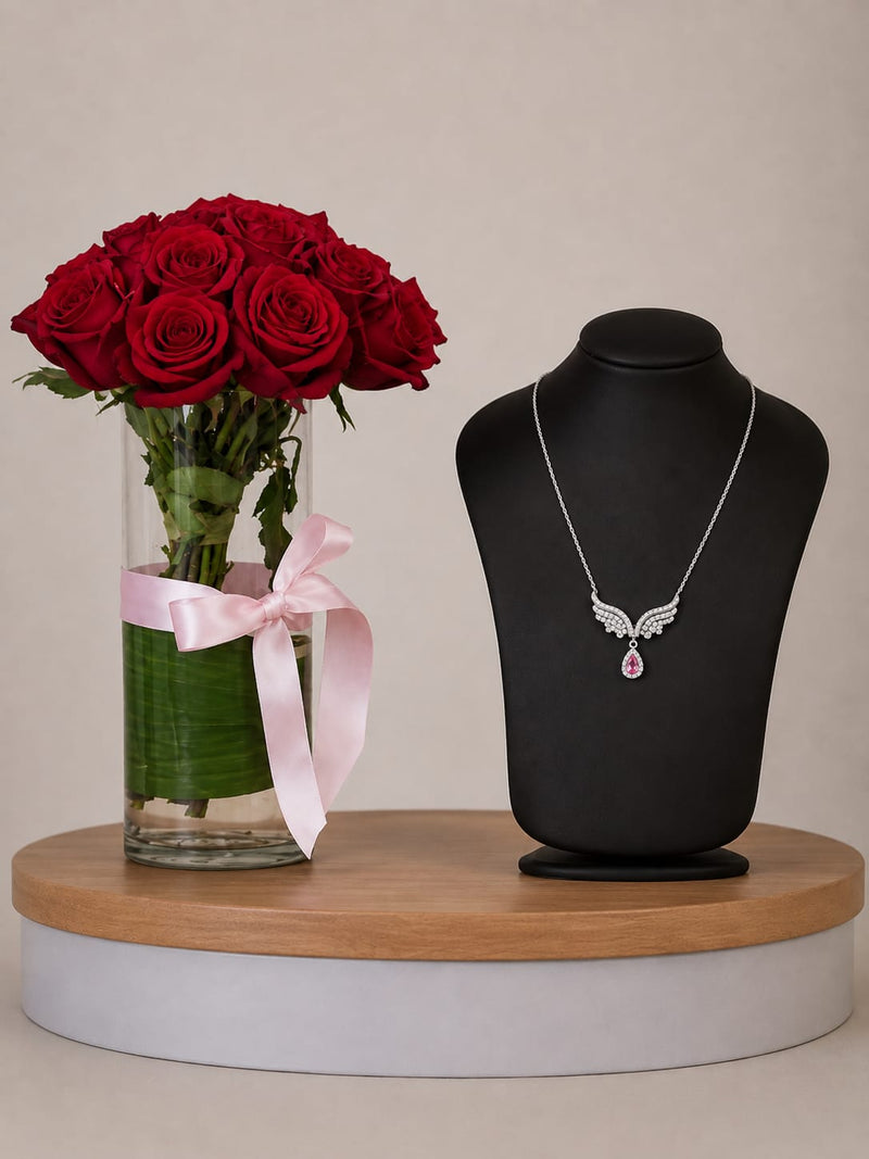 Silvara Angel Wings Necklace & Red Roses Vase