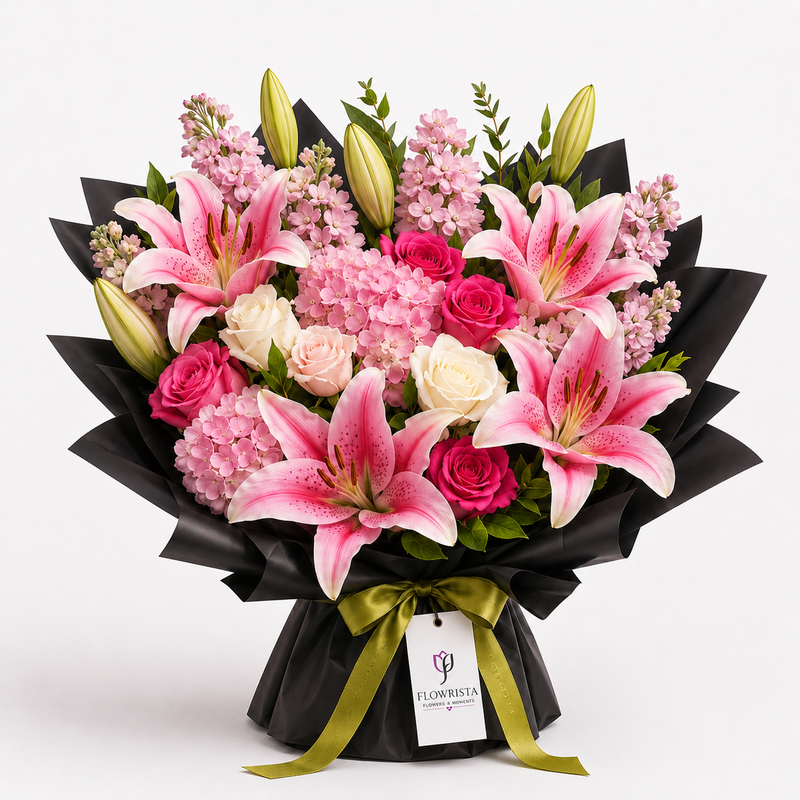 A vibrant flower bouquet featuring pink lilies, pink and white roses, and pink hydrangeas wrapped in black paper with a green ribbon and a 'FLOWWISTA' tag, set against a plain white background.