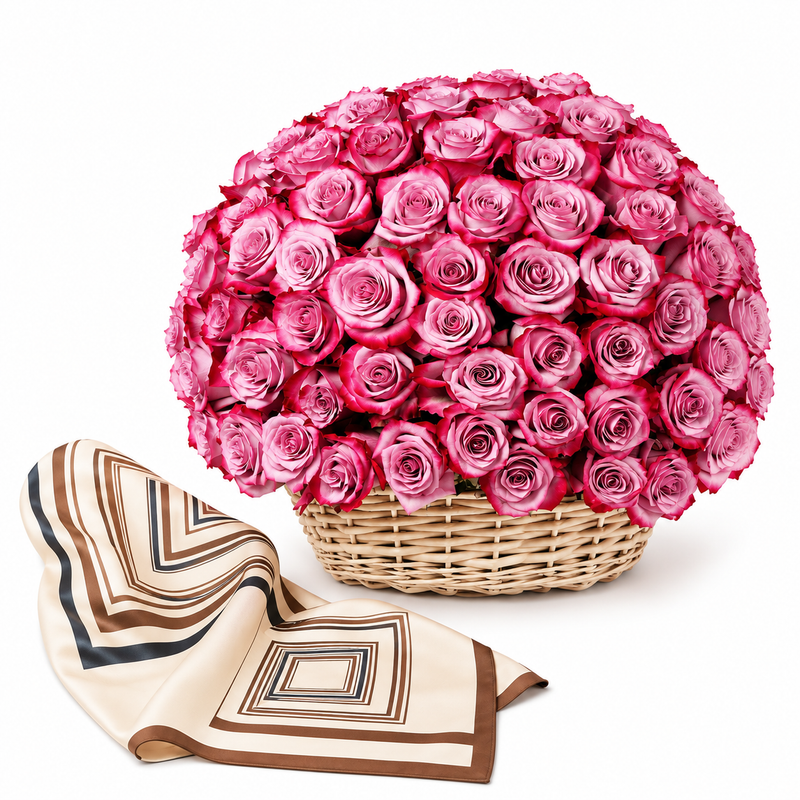 Mango Geometric Printed Foulard with Flowrista 100 Purple Roses Basket