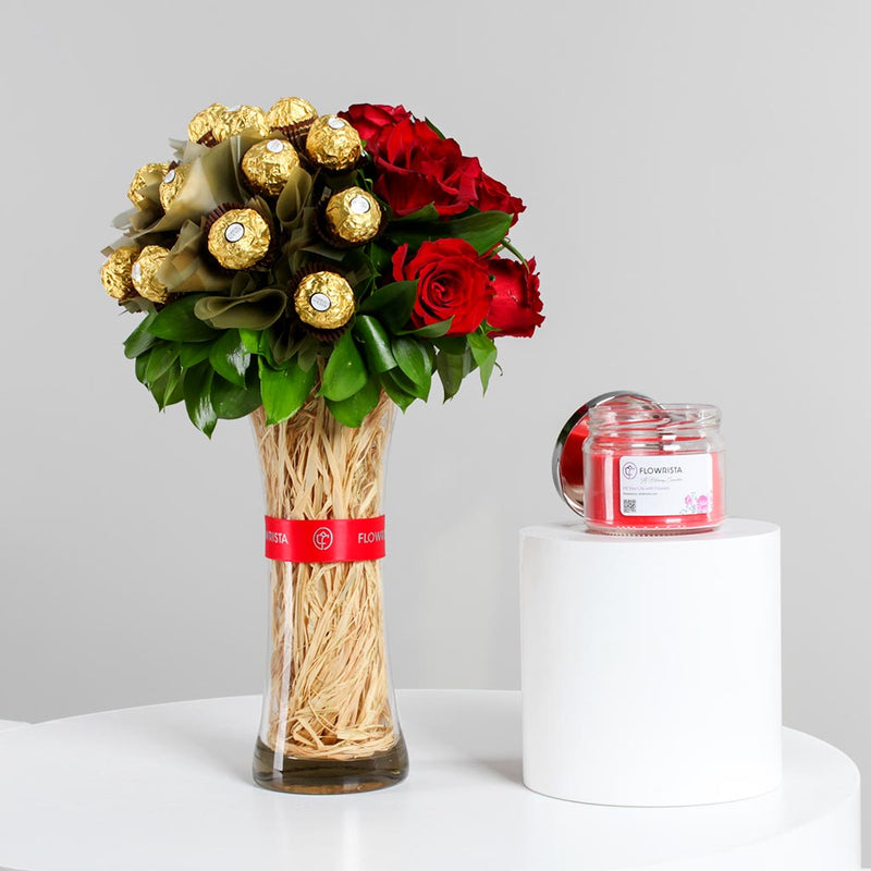Red Roses Vase with Ferrero Rocher & Zaha Home Candle