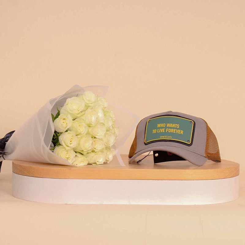 Levai Loris Who Wants To Live Forever Unisex Cap | White Roses Bouquet