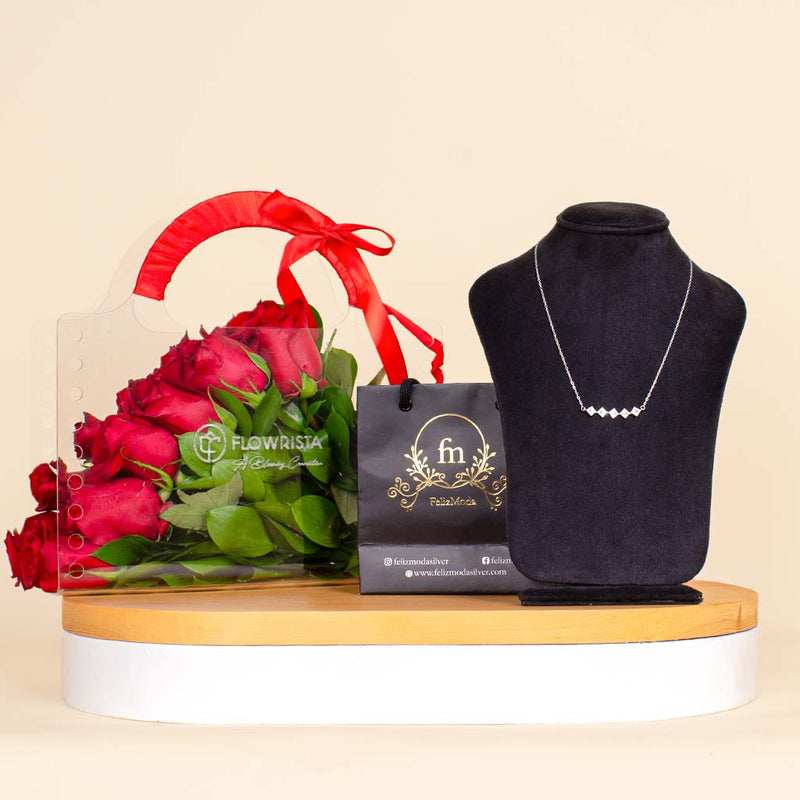 Valentine’s Gift – Felizmoda Silver Zircon Necklace & 12 Red Roses