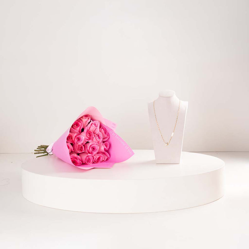 GUESS Fan Gold Stainless Steel Necklace with Zircons & Pink Roses Bouquet