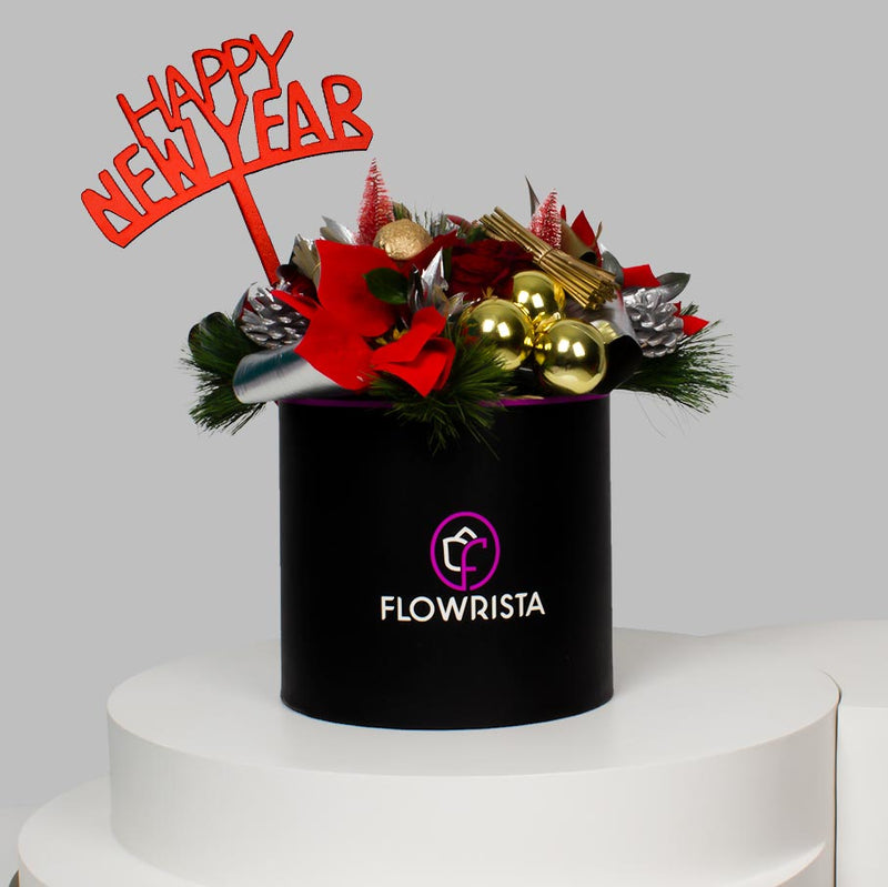 New Year Roses Gift Box with Festive Ornaments