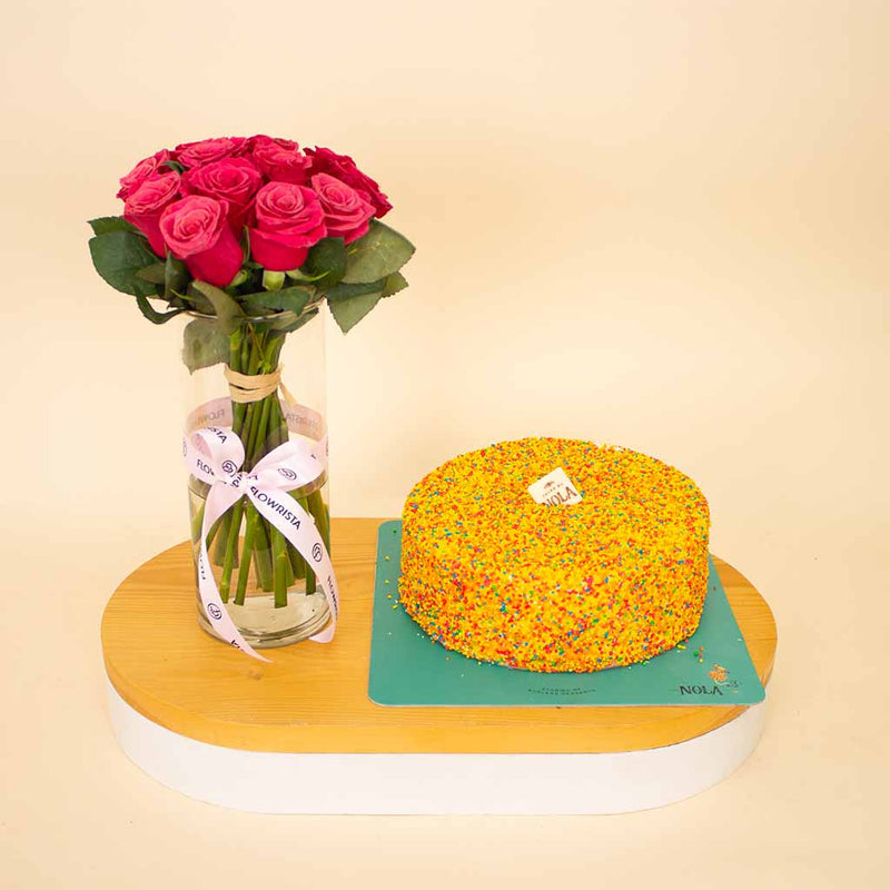 Nola Rainbow Cake & Fuchsia Roses Vase