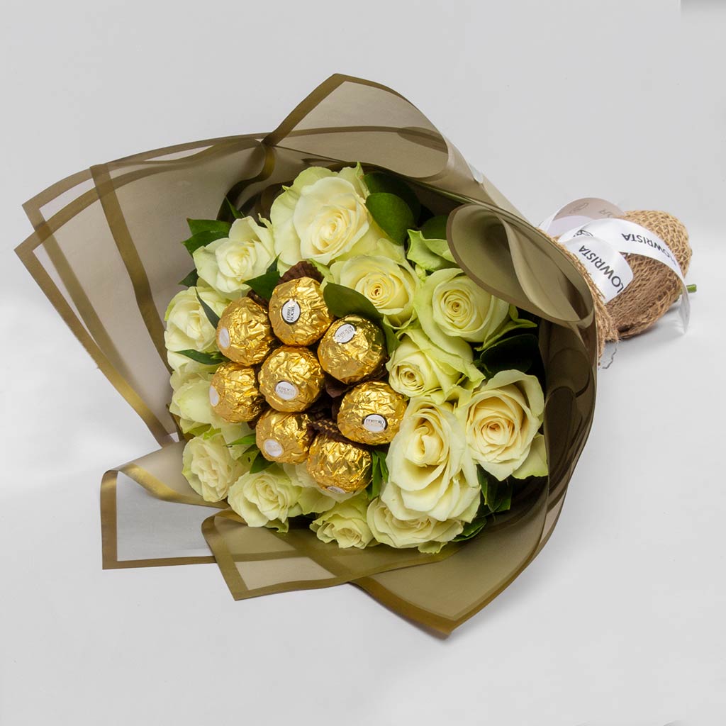 Bouquet of White Roses & Ferrero Rocher Chocolates