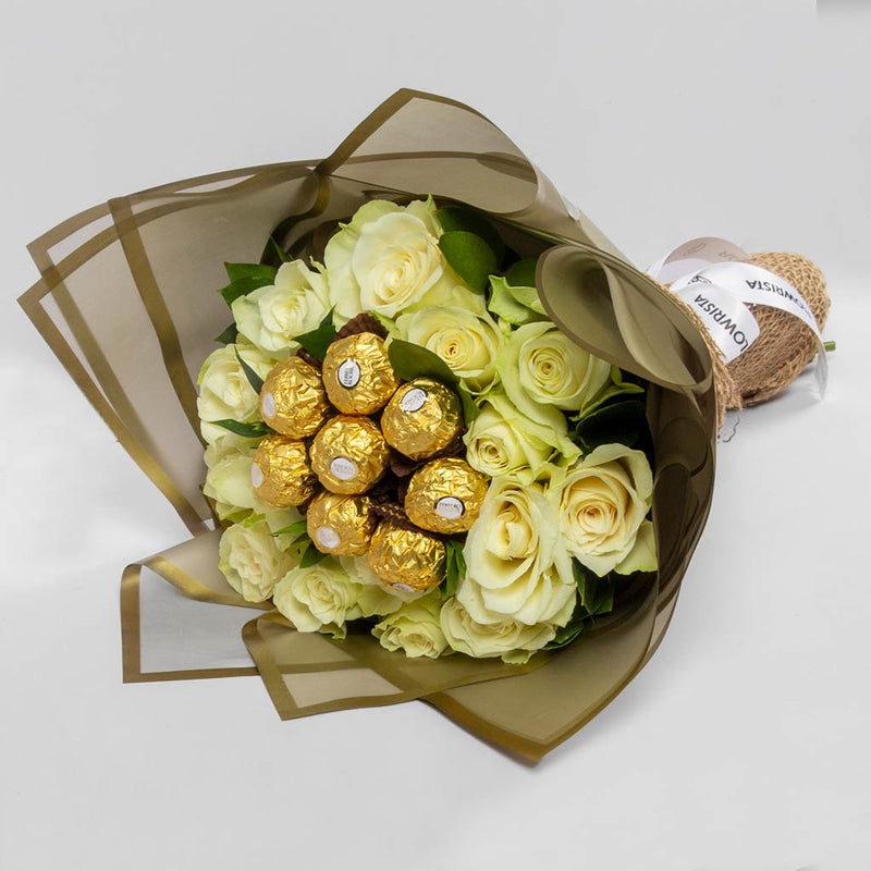 Bouquet of White Roses & Ferrero Rocher Chocolates