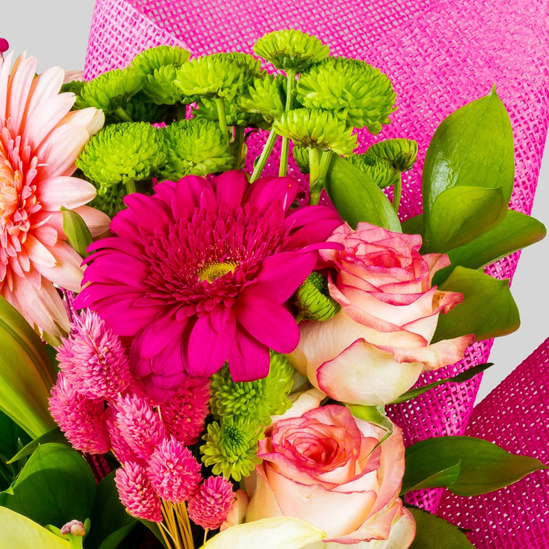 Pink Roses, Gerbera & Yellow Lilies Bouquet