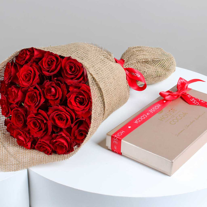 House of Cocoa Chocolate Box 32pieces and 20 red roses