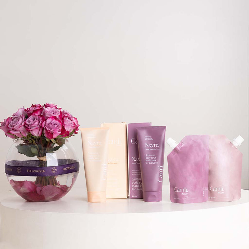 Camli Nayra Body Care Gift Set & Purple Roses Vase