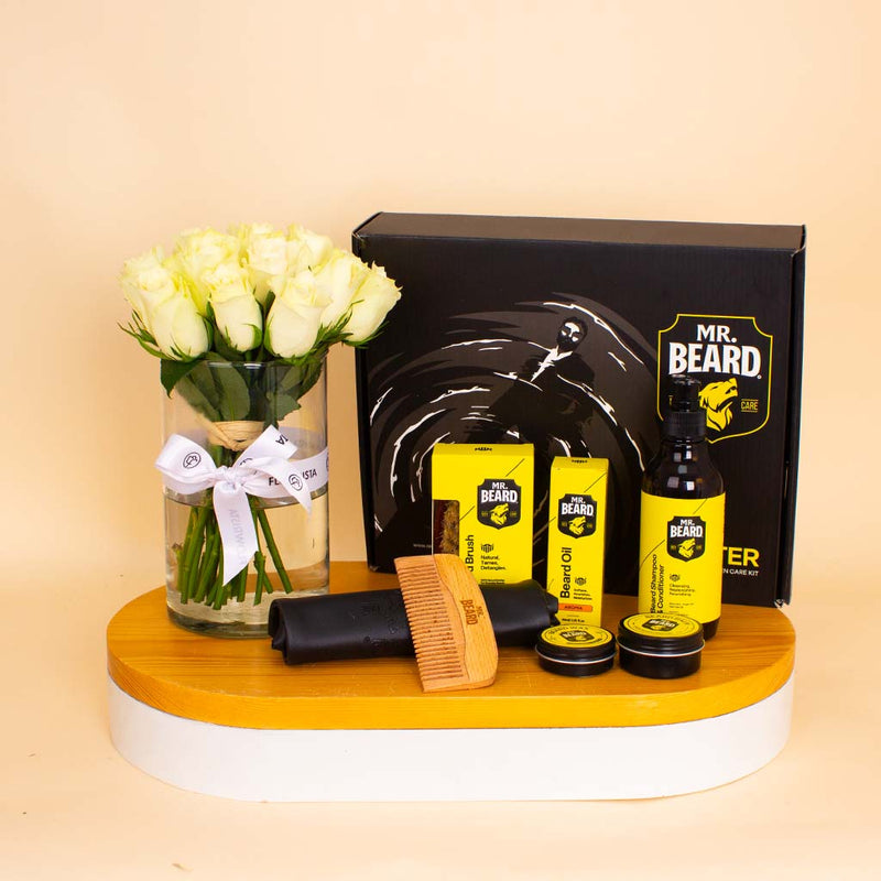 Mr.Beard Kit (Aroma Scent) & White Roses Vase