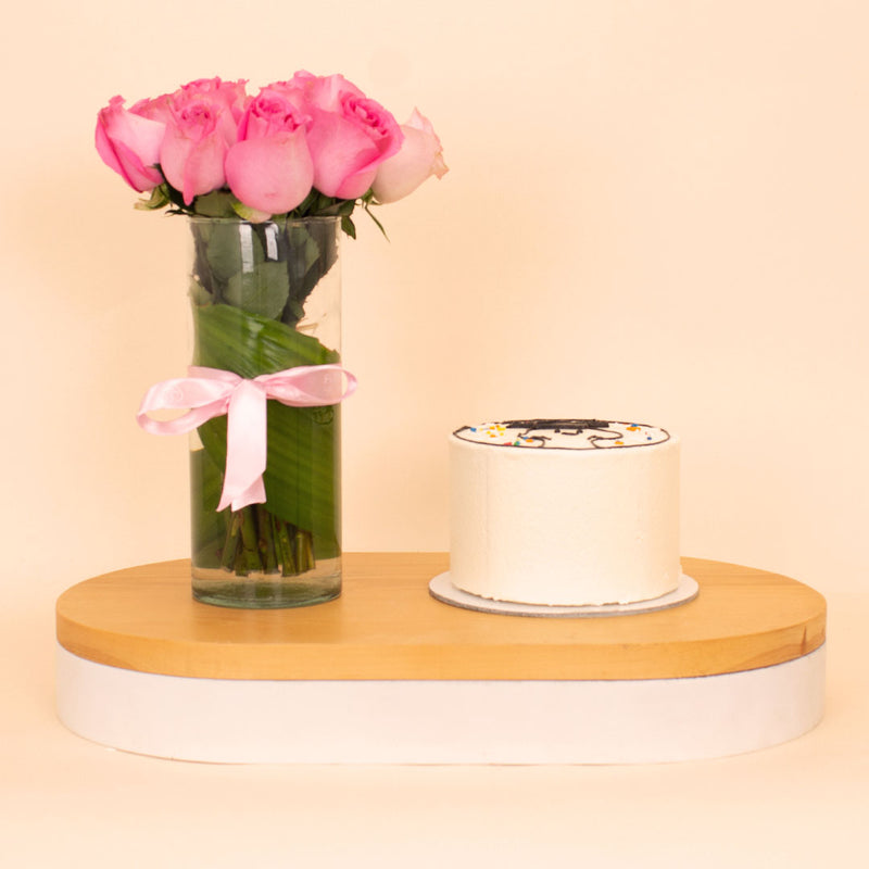 Ninos “Proud of You” Celebration Cake & 15 Pink Roses Vase