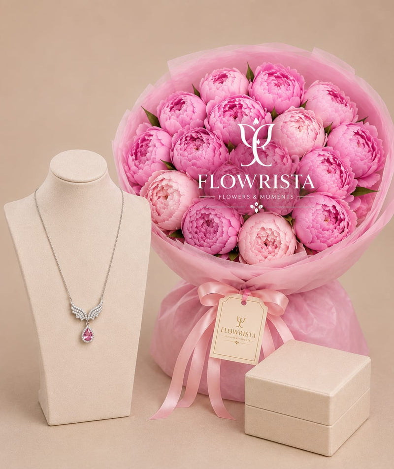 Silvara Angel Wing Necklace & Grand Pink Peony Bouquet