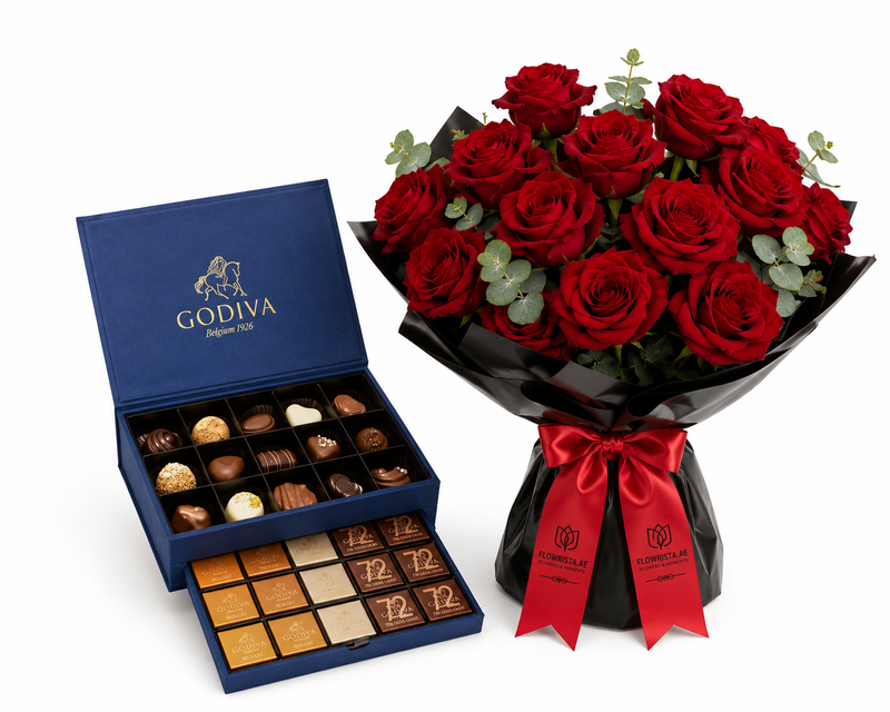 Godiva Chocolate Box & Red Roses Bouquet