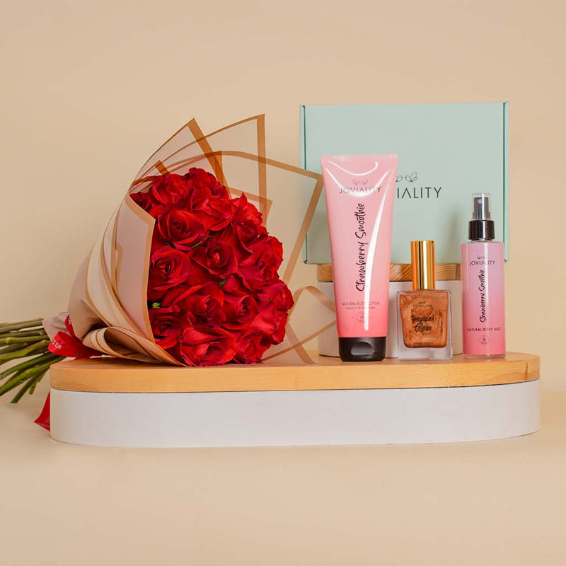 Joviality Strawberry Body Care Set with 20 Red Roses Hand Bouquet