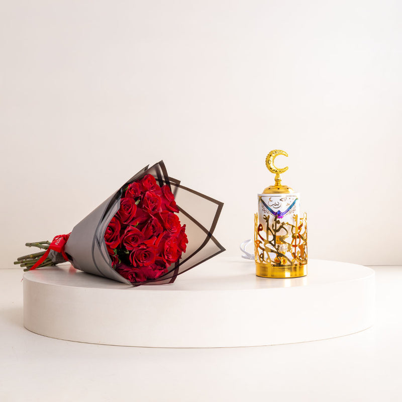 Ramadan Pearl Bukhoor Burner & 15 Red Roses Bouquet
