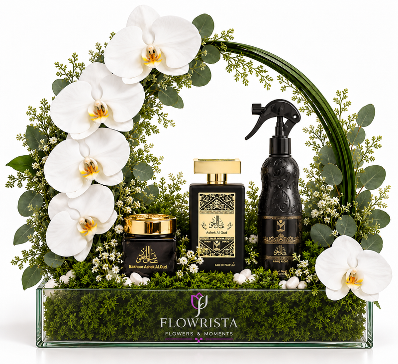 Ashek Al Oud Perfume, Bakhour & Air Freshener Gift Set with White Orchid Wreath