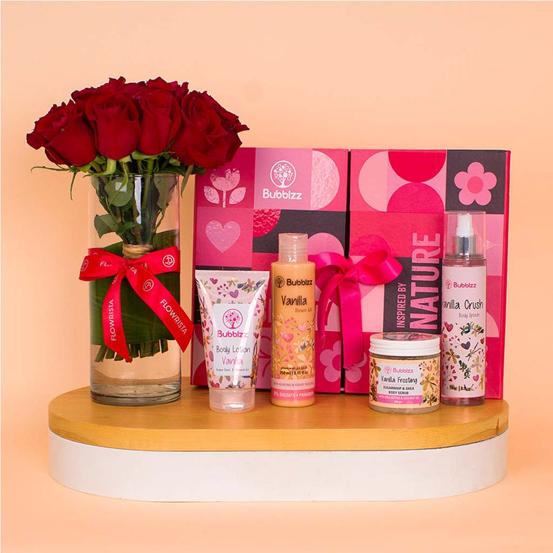 Bubblzz Vanilla Body Care Collection & Red Roses Vase