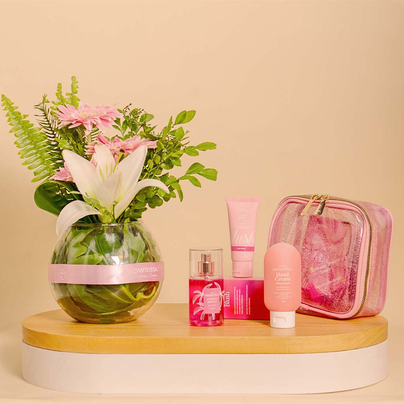 Essentials Summer Breeze Barbie Glitter Pouch | Glass Vase with Gerbera and Lily