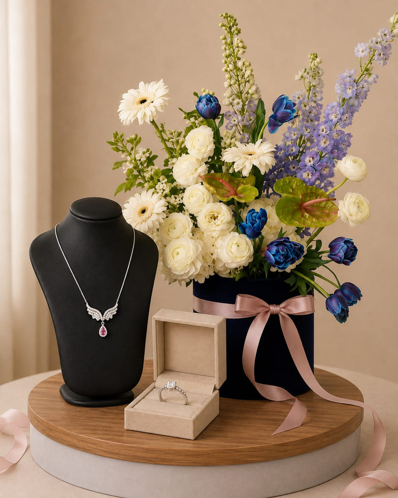 Silvara Angel Wing Necklace & Round Solitaire Ring with Blue & White Mixed Flower Flowrista Hat Box