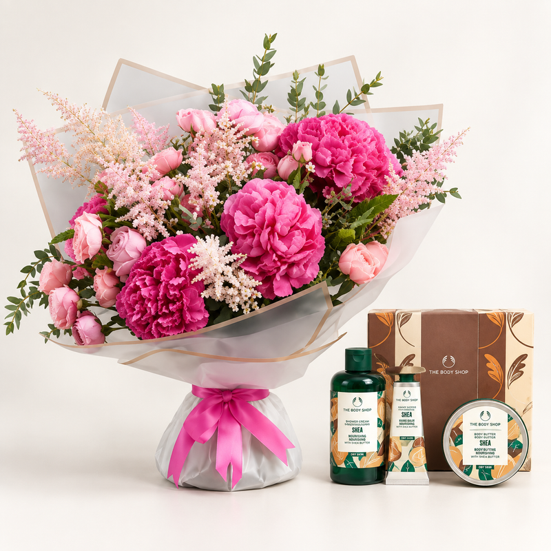 A large pink flower bouquet wrapped in white tissue paper with a pink ribbon, displayed alongside The Body Shop skincare products including a shower gel bottle, a hand cream tube, and a body butter tin, with their branded gift box in the background.