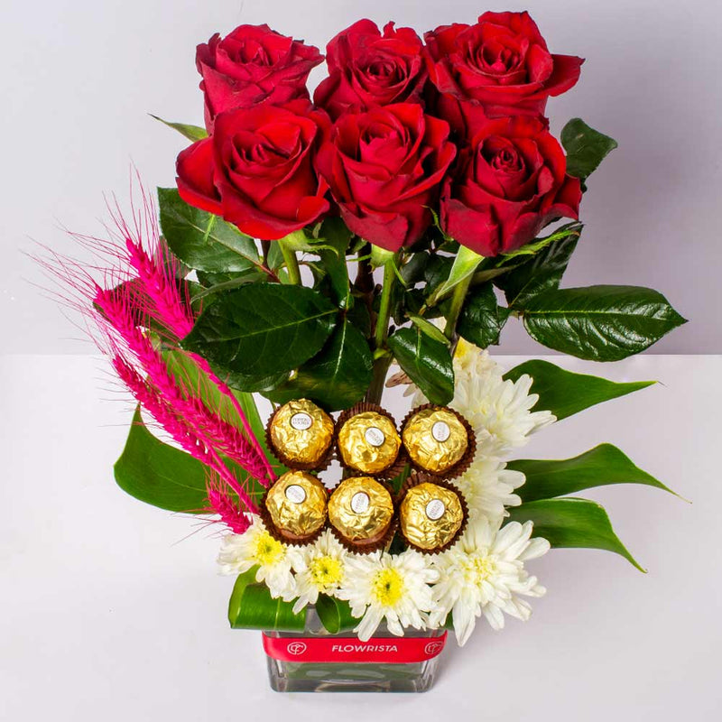 Flowrista | Red & White Roses Vase with Ferrero Rocher