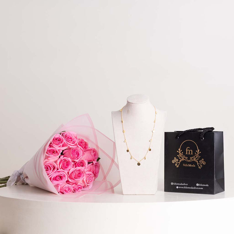 Felizmoda Silver Necklace with Multiple Circles & Pink Hand Bouquet